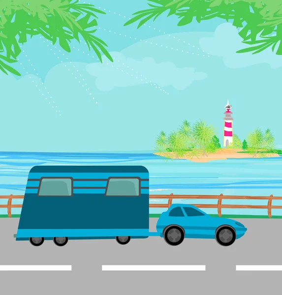 Viaje Coche Por Costa Ilustración — Vector de stock