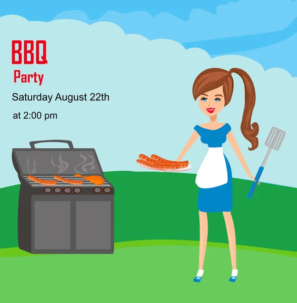 Beautiful Girl Prepares Dishes Grill Invitation Bbq Party — Stock vektor