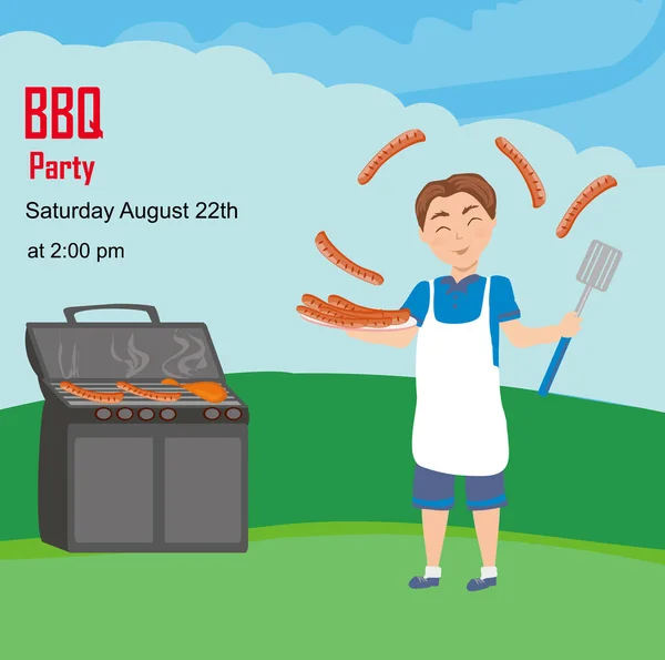 Man Grilling Backyard Sausages Chicken Thighs Invitation Bbq Party — 스톡 벡터