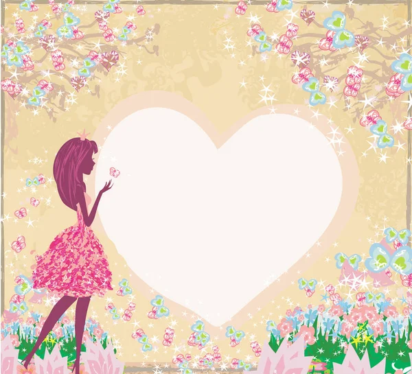 Beautiful Girly Decorative Card Fairy Flowers Butterflies Heart Shaped Frame — Vector de stock