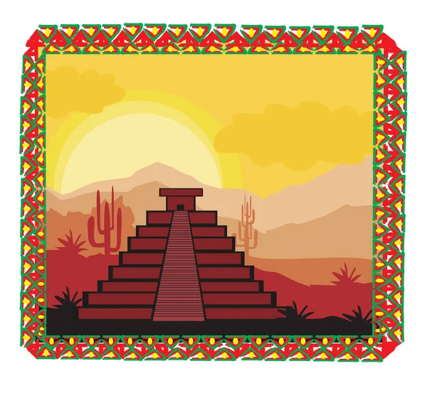 Mayan Pyramid Chichen Itza Mexico Landscape Ornate Traditional Mexican Frame — Wektor stockowy