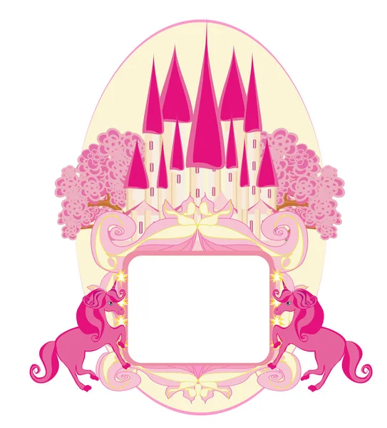 Magical Fairy Tale Land Decorative Card Castle Beautiful Pink Unicorns — Vettoriale Stock