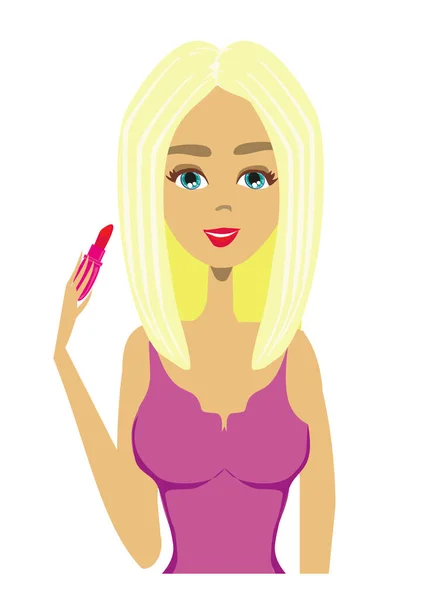 Beautiful Blonde Girl Putting Lipstick —  Vetores de Stock