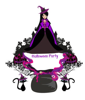 Decorative halloween frame with witch, cats and graves