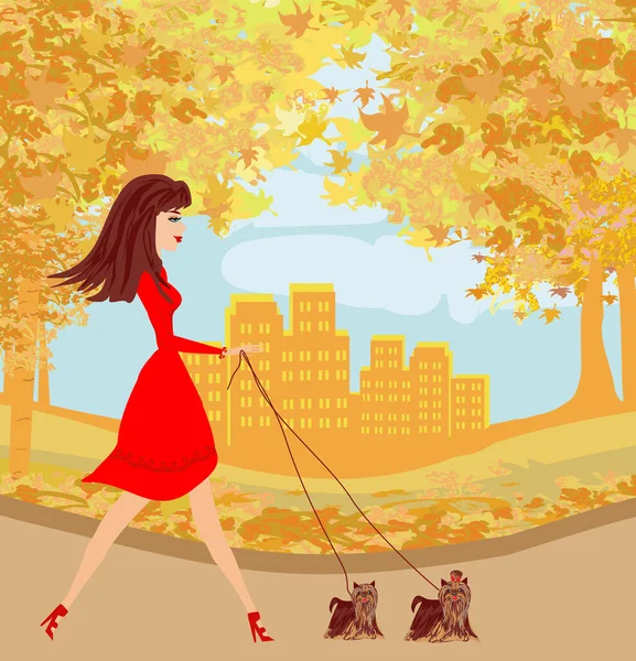 Beautiful Elegant Girl Walking Dogs — Vector de stock