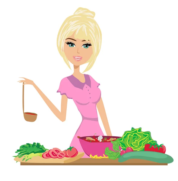 Beautiful Blonde Girl Cooks Tasty Healthy Lunch Illustration Isolated Background — Stok Vektör