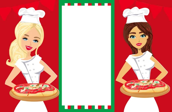 Volantino Con Due Belle Cameriere Che Servono Pizza — Vettoriale Stock