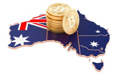 Avustralya 'da Bitcoin kripto para birimi, beyaz arkaplanda 3 boyutlu görüntüleme