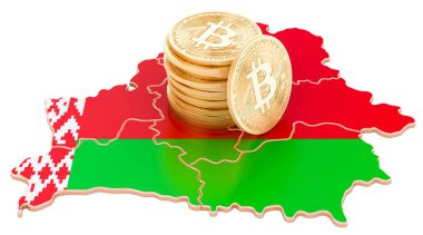 Belarus 'ta Bitcoin şifreli para birimi, beyaz arkaplanda 3 boyutlu görüntüleme