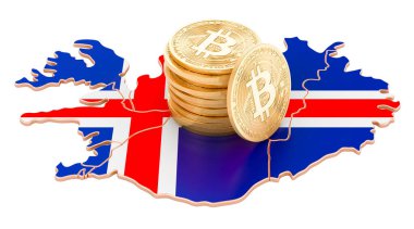 İzlanda 'da Bitcoin kripto para birimi, beyaz arkaplanda 3 boyutlu görüntüleme