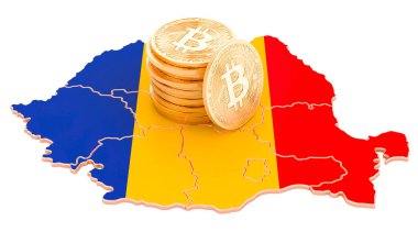 Romanya 'da Bitcoin kripto birimi ve beyaz arkaplanda 3 boyutlu görüntüleme