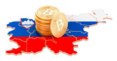 Slovenya 'da Bitcoin şifreli para birimi, beyaz arkaplanda 3 boyutlu görüntüleme