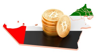 BAE 'de Bitcoin kripto para birimi, beyaz arkaplanda 3 boyutlu görüntüleme