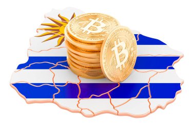 Uruguay 'da Bitcoin şifreli para birimi, beyaz arkaplanda 3 boyutlu görüntüleme