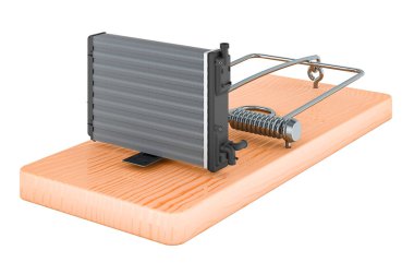 Fare kapanının içindeki araba radyatörü, beyaz arkaplanda 3 boyutlu görüntüleme