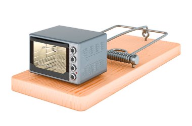 Fare kapanı içinde konveksiyon tost makinesi fırını, beyaz arkaplanda 3 boyutlu görüntüleme