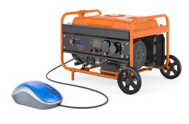 Bilgisayar fareli benzin jeneratörü. Beyaz arkaplanda 3B görüntüleme izole edildi