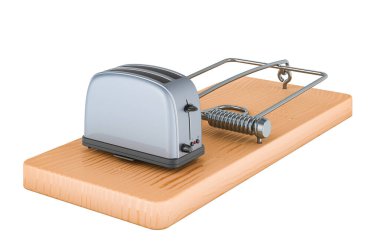 Tost makinesi fare kapanının içinde, 3 boyutlu görüntüleme beyaz arkaplanda izole edildi