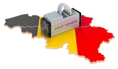 Belçika 'da madencilik, konsept. Belçika haritalı ASIC madencisi. Beyaz arkaplanda 3B görüntüleme izole edildi
