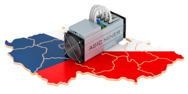Çek Cumhuriyeti 'nde madencilik, kavram. Çek haritalı ASIC madencisi. Beyaz arkaplanda 3B görüntüleme izole edildi