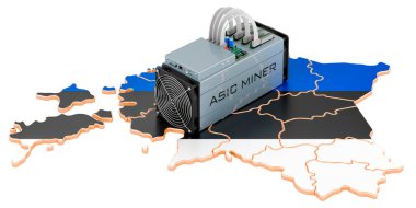 Estonya 'da madencilik, kavram. Estonya haritalı ASIC madencisi. Beyaz arkaplanda 3B görüntüleme izole edildi