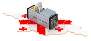 Georgia 'da madencilik, konsept. Gürcistan haritalı ASIC madencisi. Beyaz arkaplanda 3B görüntüleme izole edildi