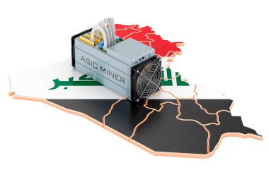 Irak 'ta madencilik, konsept. Irak haritalı ASIC madencisi. Beyaz arkaplanda 3B görüntüleme izole edildi