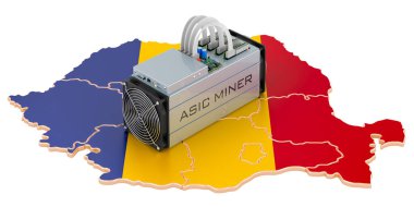 Romanya 'da madencilik, kavram. Romanya haritalı ASIC madencisi. Beyaz arkaplanda 3B görüntüleme izole edildi
