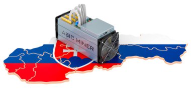 Slovakya 'da madencilik, kavram. Slovak haritalı ASIC madencisi. Beyaz arkaplanda 3B görüntüleme izole edildi