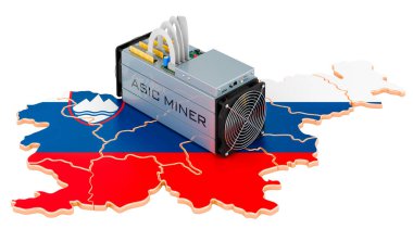 Slovenya 'da madencilik, kavram. Slovenya haritalı ASIC madencisi. Beyaz arkaplanda 3B görüntüleme izole edildi