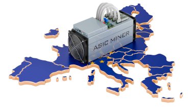 Avrupa Birliği 'nde madencilik, konsept. AB haritası olan ASIC madencisi. Beyaz arkaplanda 3B görüntüleme izole edildi