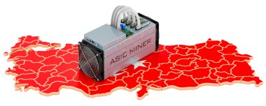 Türkiye 'de madencilik, kavram. Türk haritalı ASIC madencisi. Beyaz arkaplanda 3B görüntüleme izole edildi