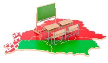 Belarus 'ta eğitim, kavram. Belarus haritasında okul sıraları ve karatahta. Beyaz arkaplanda 3B görüntüleme izole edildi