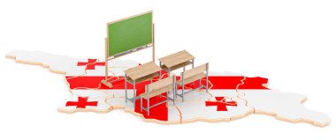 Georgia 'da eğitim, konsept. Georgia haritasında okul sıraları ve karatahta. Beyaz arkaplanda 3B görüntüleme izole edildi