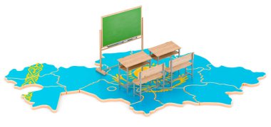 Kazakistan 'da eğitim, konsept. Kazakistan haritasında okul sıraları ve karatahta. Beyaz arkaplanda 3B görüntüleme izole edildi