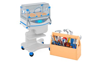 Alet çantalı yeni doğan kuluçka makinesi. Bebek kuvözünün servis ve onarımı, 3 boyutlu görüntüleme beyaz arkaplanda izole edildi