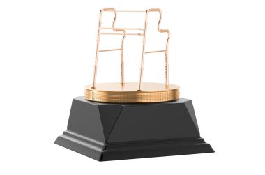 Yürüyen çerçeve altın ödül konsepti. Beyaz arkaplanda 3B görüntüleme izole edildi