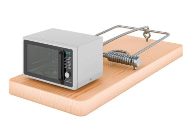 Fare kapanı içinde mikrodalga fırın, beyaz arkaplanda 3 boyutlu görüntüleme