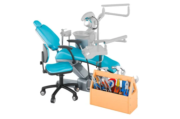 歯の椅子に道具箱 歯科用椅子ユニットのサービスと修理 白い背景に隔離された3Dレンダリング — ストック写真