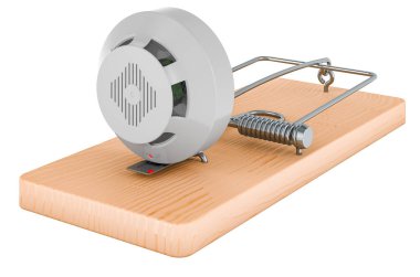 Fare kapanının içinde yangın ve alev dedektörü, beyaz arkaplanda 3 boyutlu görüntüleme