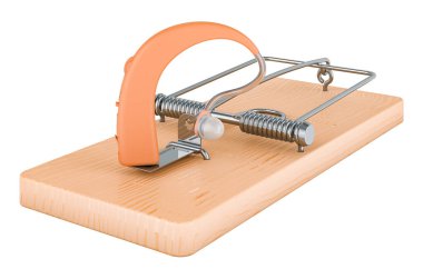 İşitme cihazı fare kapanının içinde, 3 boyutlu görüntüleme beyaz arka planda izole edildi