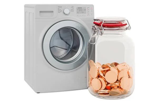 Waschmaschine Mit Glasgefäß Voller Goldmünzen Rendering Isoliert Auf Weißem Hintergrund — Stockfoto
