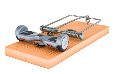 Fare kapanı içinde uçan kaykay, 3 boyutlu görüntüleme beyaz arkaplanda izole edildi