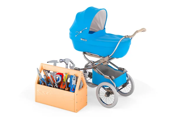 Kinderwagen Met Gereedschapskist Service Reparatie Van Kinderwagen Rendering Geïsoleerd Witte — Stockfoto