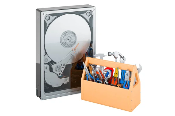 Alet Çantalı Hdd Disk Sürücüsü Hdd Aletler Onarım Kurtarma Konsepti — Stok fotoğraf