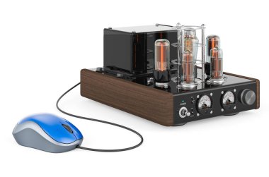 Bilgisayar fareli elektronik amplifikatör. Beyaz arkaplanda 3B görüntüleme izole edildi