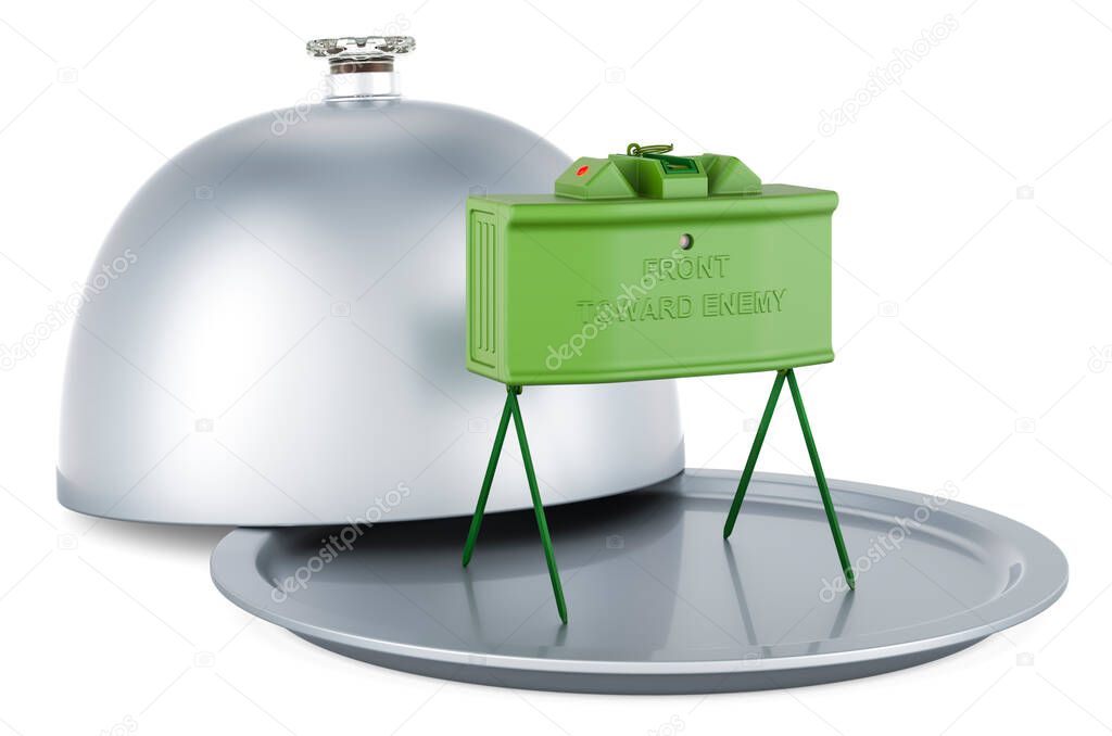 Restaurant cloche with anti-personnel mine. 3D rendering isolated on white background