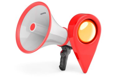 Megafonla harita işaretleyici. Beyaz arkaplanda 3B görüntüleme izole edildi 