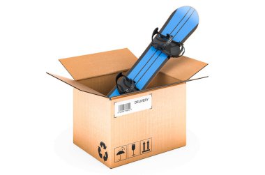 Karton kutunun içinde kar tahtası, teslimat konsepti. Beyaz arkaplanda 3B görüntüleme izole edildi