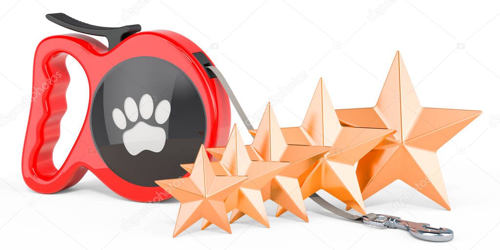Automatic Retractable Traction Rope with five golden stars. Customer rating of pet walking leashes. 3D rendering isolated on white background